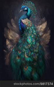 Abstract Peacock Portrait with Golden Feathers and Gems. AI generated Illustration.