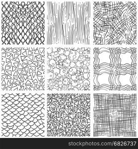 Abstract pen sketch seamless pattern set. Abstract pen sketch seamless pattern set. Hand drawn doodle thin line patterns, vector illustration