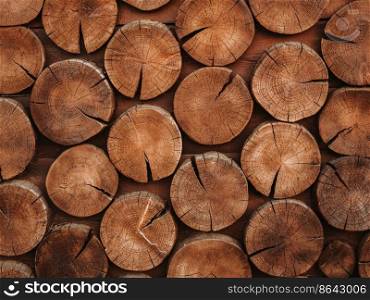 Abstract photo of pile natural wooden logs background, top view