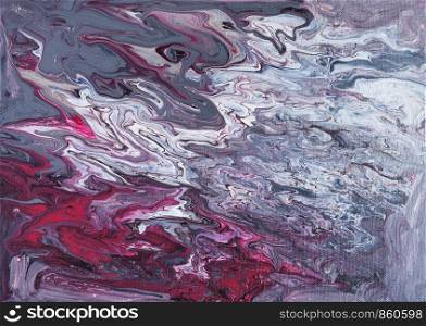 abstract picture hand-painted in fluid acrylic flow painting technique by purple, gray and silver paints on canvas