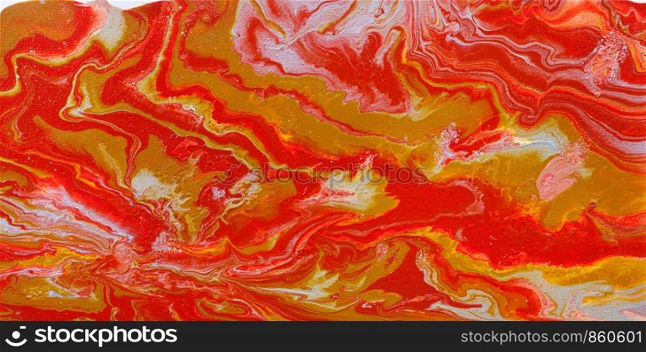 abstract picture hand-painted in fluid acrylic flow painting technique by red, silver, golden and yellow paints on white canvas