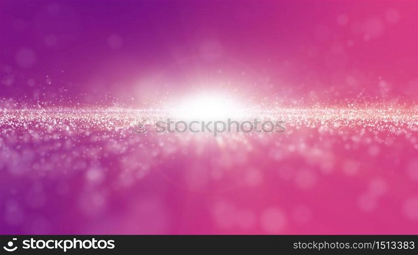 Abstract pink and purple color digital particles wave with dust and light background