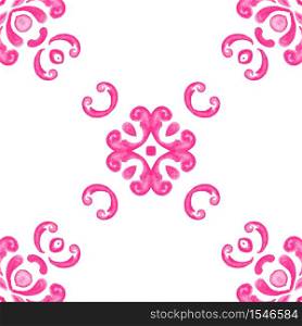 Abstract pink and white hand drawn tile seamless ornamental watercolor paint pattern. Elegant luxury texture for fabric and wallpapers, backgrounds and page fill.. Handdrawn watercolor floral mandala design pink and white tile