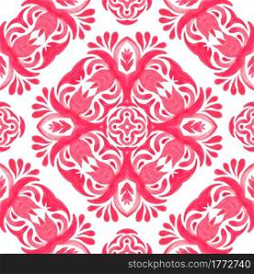 Abstract pink and white hand drawn tile seamless ornamental watercolor paint pattern. Pink ceramic tile element with decorative flowers. Seamless pattern handdrawn watercolor ornament pink and white with floral elements