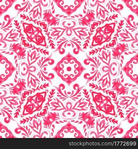 Abstract pink and white hand drawn tile seamless ornamental watercolor paint pattern. Gorgeous damask background. tiling mosaic.. Seamless pattern handdrawn watercolor ornament pink and white with floral elements