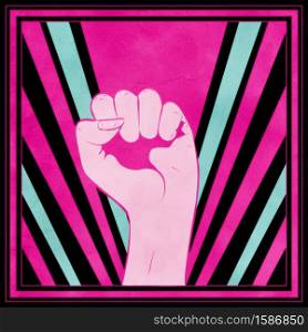 Abstract pink female fist raised up, retro style illustration with grunge paper texture.