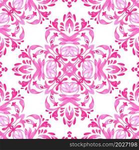 Abstract pink magenta and white medallion tile seamless ornamental pattern. Watercolor tile pattern cross mosaic with flowers. Elegant luxury texture for fabric and wallpapers, backgrounds and page fill.