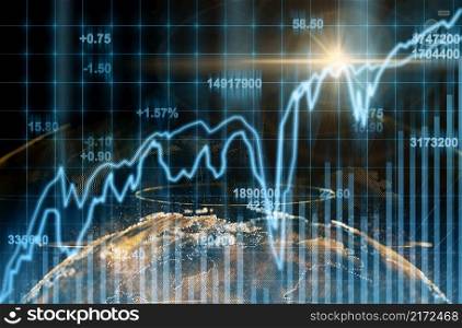 Abstract planet earth particle over the Stock market chart,Closeup Stock market exchange data on LED display, business and technology trading concept