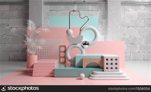 Abstract platform stage fashion composition design for show products with pastel color geometric, 3d illustration