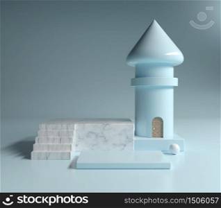 Abstract platforme white marble background for show products and cosmetics with blue pastel geometric concept with tower, 3d illustration