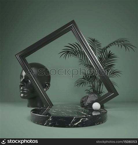 Abstract podium black marble stage for show product with black frame and leaf palm, 3d illustration
