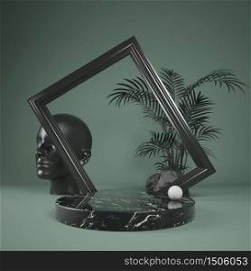 Abstract podium black marble stage for show product with black frame and leaf palm, 3d illustration