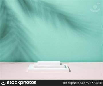 Abstract podium pedestal from white marble, blue menthol empty background deep shadows from the plant. Minimalism, product showcase, copy space. Abstract podium pedestal from white marble, blue menthol empty background deep shadows from plant