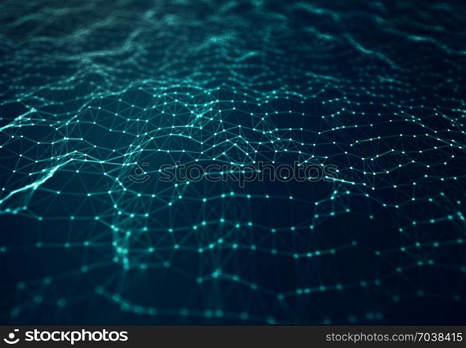 Abstract polygonal space low poly background. Connecting dots and lines in triangles structure. 3d rendering illustration for branding, science, graphic design.