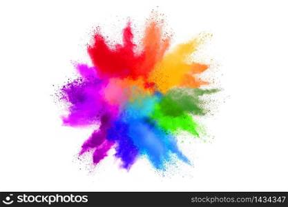 Abstract powder splatted background. Colorful powder explosion on white background. Colored cloud. Colorful dust explode. Indian festival Holi