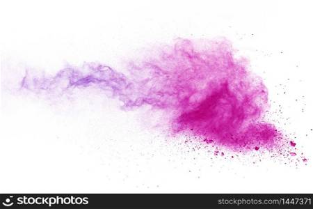 Abstract powder splatted background. Purple powder explosion on white background. Colored cloud. Colorful dust explode. Paint Holi.