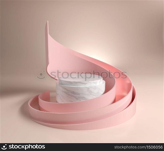 Abstract Premium Mock up marble podium stage with pink curve for show products and cosmetics, 3d illustration
