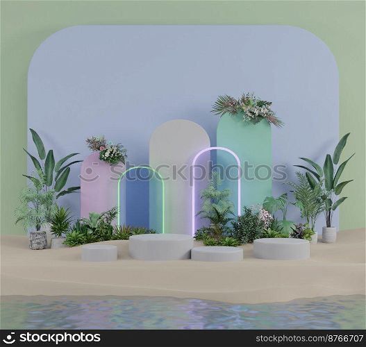 Abstract product display platform with green tree plants arch backdrop and flower bouquet on sand and sea water wave surface 3D rendering illustration