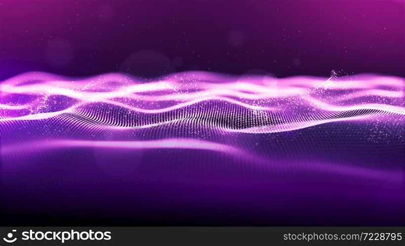 Abstract purple color. digital cyber space particles wave with bokeh and light background