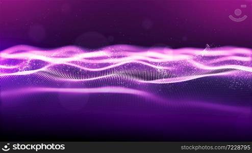 Abstract purple color. digital cyber space particles wave with bokeh and light background