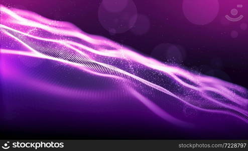 Abstract purple color. digital cyber space particles wave with bokeh and light background