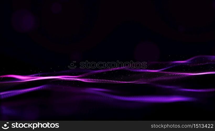 Abstract purple color digital particles wave with bokeh and light background