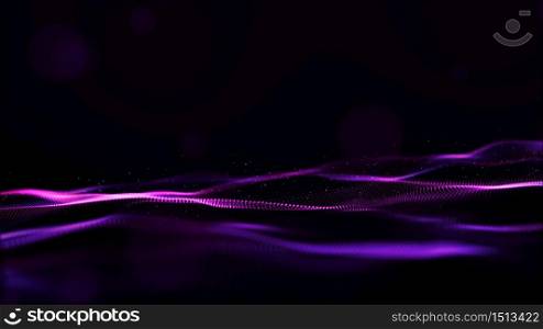 Abstract purple color digital particles wave with bokeh and light background
