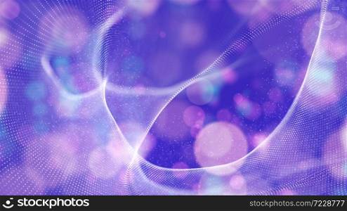 Abstract purple color digital particles wave with bokeh background