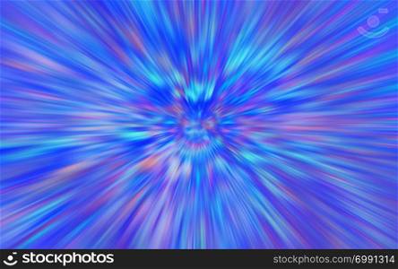 Abstract radial motion blurred multicolored background of neon light rays with fluorescent purple blue colors . Space for copy and design.
