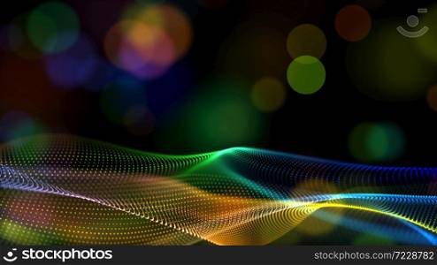 Abstract rainbow color or hologram color digital particles wave with bokeh flow background