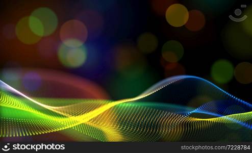 Abstract rainbow color or hologram color digital particles wave with bokeh flow background