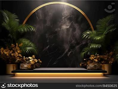 Abstract realistic 3D black cylinder pedestal podium with black and golden. Luxury black friday sale scene for product display presentation. AI Generative