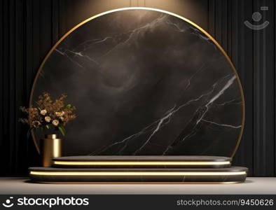 Abstract realistic 3D black cylinder pedestal podium with black and golden. Luxury black friday sale scene for product display presentation. AI Generative