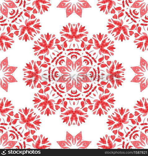 Abstract red and white hand drawn tile seamless ornamental watercolor paint pattern. Elegant luxury texture for fabric and wallpapers, backgrounds and page fill.. Red seamless ornamental watercolor tiled pattern hand drawn graphic