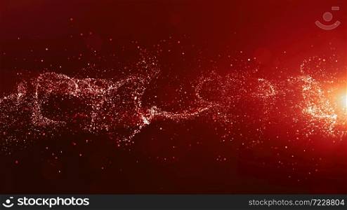 Abstract red color digital particles wave with bokeh and light background