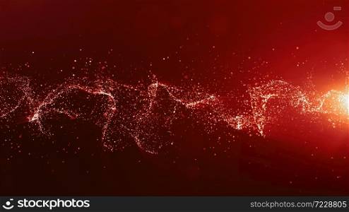 Abstract red color digital particles wave with bokeh and light background