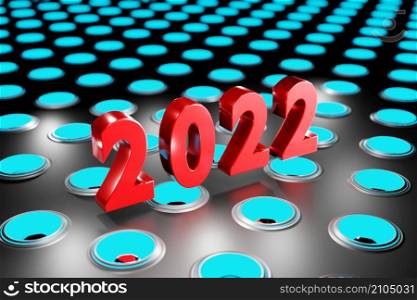 Abstract red number 2022 On glowing Speaker Wall background 3D rendering