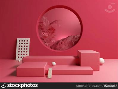 Abstract Red Pink blank display products with tropic background, 3d illustration