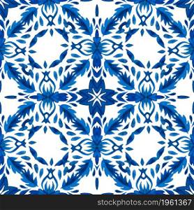 Abstract red seamless ornamental watercolor paint tile pattern for fabric and azulejo ceramics. Gorgeous damask background. Seamless patchwork from Azulejo tiles. Portuguese and Spain decor in blue, white.