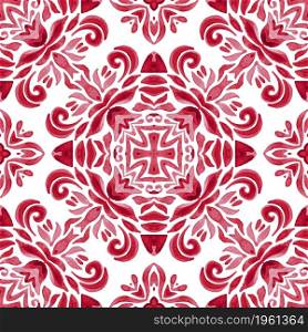 Abstract red seamless ornamental watercolor paint tile pattern Tiling mosaic abstract filigree background with christian symbol. Portuguese ceramic tiles inspired.. Elegant luxury texture for fabric and wallpapers, backgrounds and page fill.