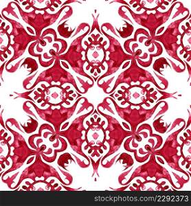 Abstract red seamless ornamental watercolor paint tile pattern. Tiling mosaic abstract filigree background. Can be used as a Christmas card or background, fabric and ceramic tiles. Red background ornamental Hand drawn watercolor art. Decorative seamless pattern damask on a white background.