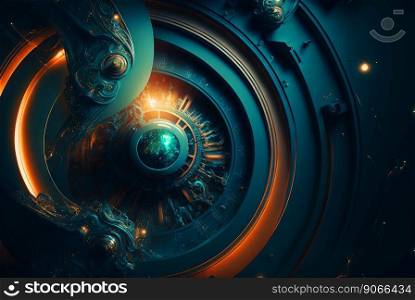 Abstract retro futuristic composition in technology style with giant wheel or engine. Retro background with surreal mindbending figures. Generated AI. Abstract retro futuristic composition in technology style with giant wheel or engine. Retro background with surreal mindbending figures. Generated AI.