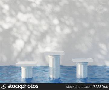Abstract roman column product display platform with water wave surface and natural shadow from sunlight 3D rendering illustration