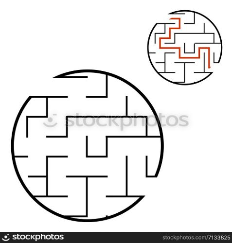 Abstract round maze. Game for kids. Puzzle for children. One entrance, one exit. Labyrinth conundrum. Flat vector illustration isolated on white background. With answer. Abstract round maze. Game for kids. Puzzle for children. One entrance, one exit. Labyrinth conundrum. Flat vector illustration isolated on white background. With answer.