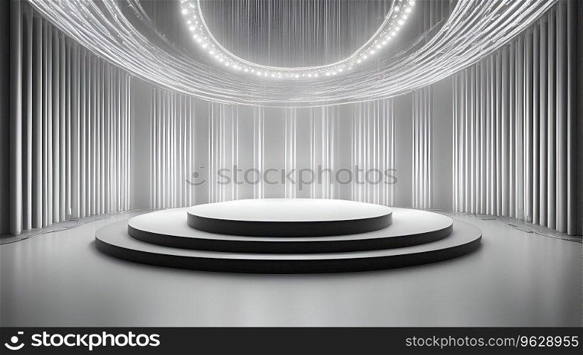 Abstract round podium illuminated by spotlight. Award ceremony concept. 3D Rendering