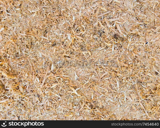 .Abstract sawdust or wood dust texture background. Close up top view of dry wood shavings, industry concept.