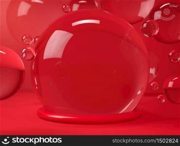 Abstract scene of water bubbles or spheres floating over red background. 3D illustration. Round stage, pedestal or podium in glass Christmas ball. Perfect image for placing your object or product on podium. Holidays and celebration image.. Abstract scene of water bubbles or spheres floating over red background. 3D render. Round stage, pedestal or podium in glass Christmas ball. Perfect image for placing your object or product on podium. Holidays and celebration image.