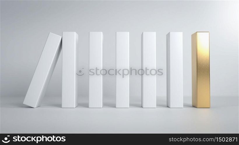 Abstract scene of white domino pieces falling on golden block. Concept of leadership, success and achievements in business and life. 3d illustration. Abstract scene of white domino pieces falling on golden block. Concept of leadership, success and achievements in business and life. 3d render