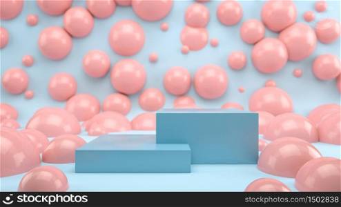 Abstract scene with blue podium, pedestal or stage over blue background and pink bubbles. 3D illustration. Perfect image for placing your text or design. Use for cosmetics, food, beverage, entertainment and fashion.. Abstract scene with blue podium, pedestal or stage over blue background and pink bubbles. 3D render. Perfect image for placing your text or design. Use for cosmetics, food, beverage, entertainment and fashion.