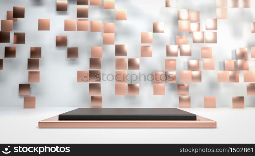 Abstract scene with copper and golden tiles flying above metal podium,pedestal or stage in white studio. Perfect image for fashion, clothes or cosmetics. Place your object or product on pedestal. 3d illustration. Abstract scene with copper and golden tiles flying above metal podium,pedestal or stage in white studio. Perfect image for fashion, clothes or cosmetics. Place your object or product on pedestal. 3d render